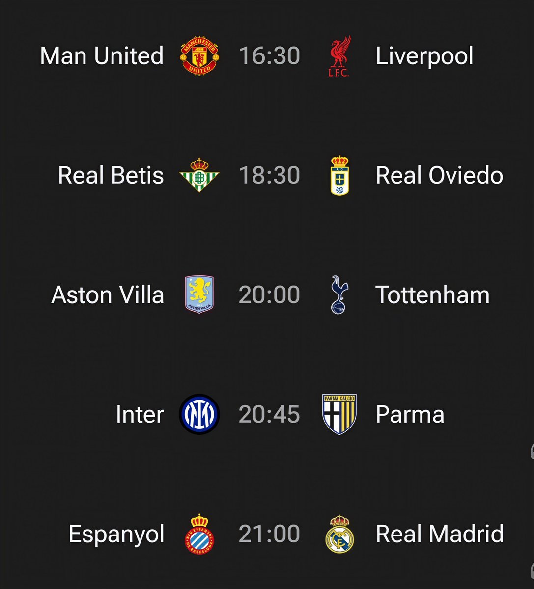 fran_navarr0's tweet photo. #MenuDomingo

⏰16'30 ManUtd vs Liverpool, el clásico inglés

⏰18'30 Betis puede darle la puntilla al Oviedo

⏰20'00 Tottenham se juega la vida por no bajar

⏰20'45 Inter puede salir campeón vs Parma

⏰21'00 Madrid puede hacer campeón al Barça si no gana al Espanyol https://t.co/fg91xE4lee
