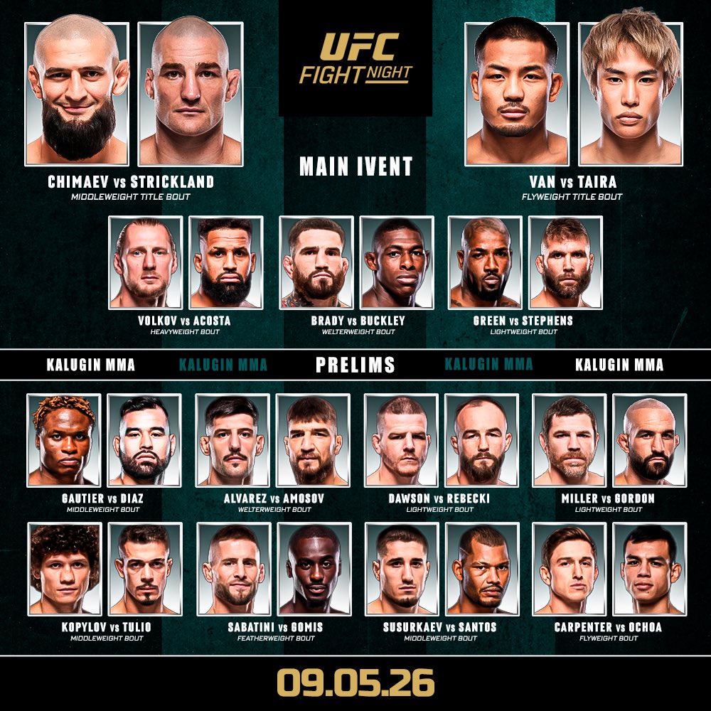 KALUGINMMA's tweet image. ⚡️ Fight card for #UFC328 which is just 7 days away!

One of the best events of the year so far. 

#UFC #FightNight