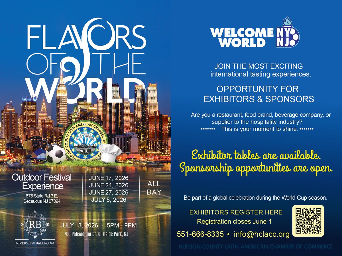 HudsonLatin's tweet image. #WeAreNYNJ | Flavors of the World returns as a vibrant celebration of culture, cuisine, and community, bringing together #FoodLovers, entrepreneurs, and hospitality professionals from across the region. Participation for small businesses is free. tinyurl.com/8mbn7c4t