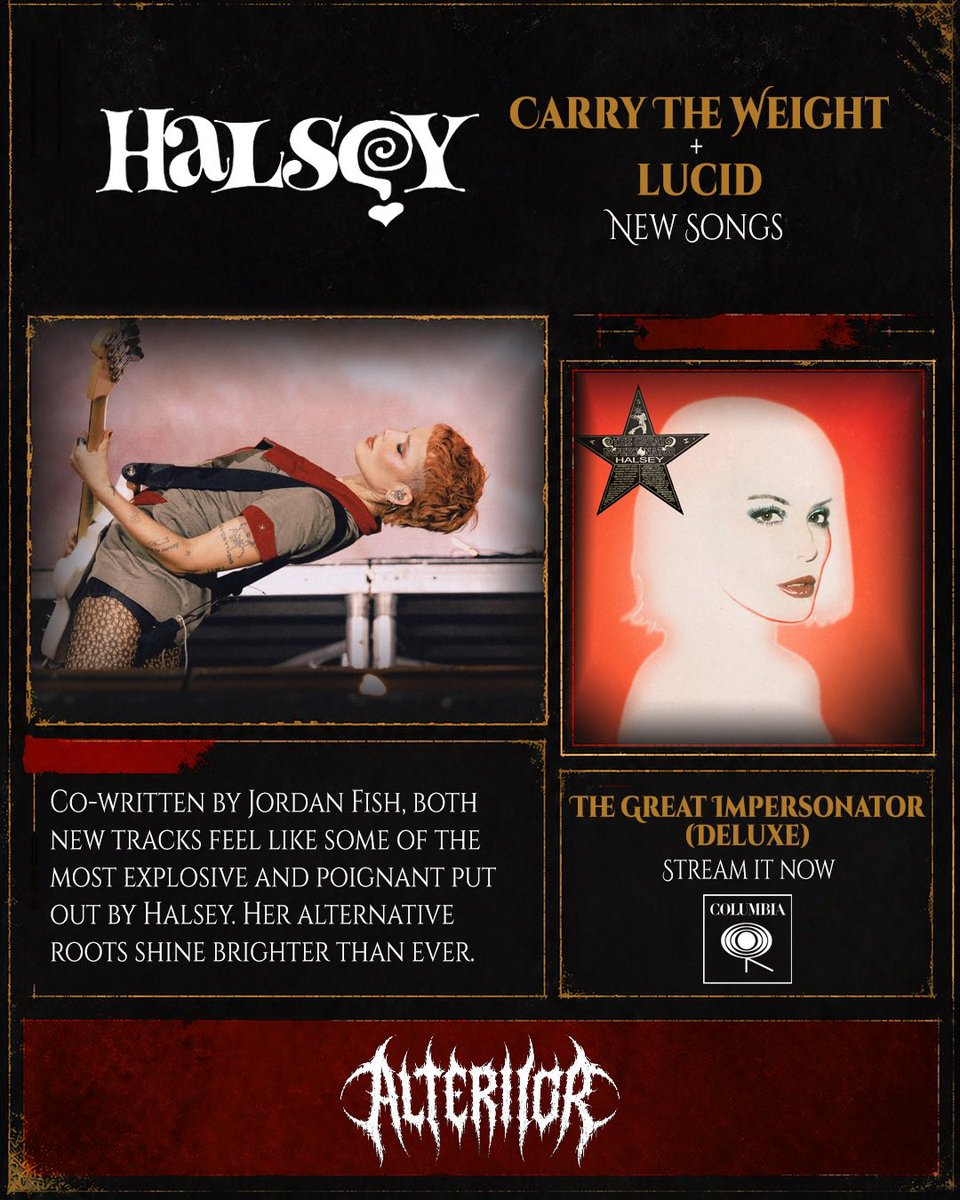 alteriior's tweet photo. Halsey’s deluxe edition for The Great Impersonator includes two of her best songs to date in “Carry The Weight” and “Lucid.” Big time tracks from a big time artist. 

@halsey @ColumbiaRecords https://t.co/bclXHjoK2H