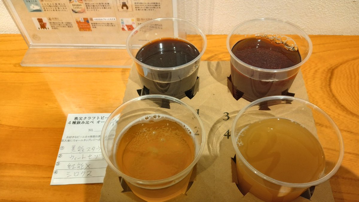 okara13's tweet photo. 昨日は友人が秩父に山歩きしに遊びに来てたので帰る前に西武秩父駅で待ち合わせして酒盛り🍺
選べる4種のビールセット
黒熊のスタウト
ウィートセゾン雪熊
紅熊X
シロクマHazyIPA
おいちかった(^q^)個人的にはシロクマが一番好きかな https://t.co/UdAiddH7UL