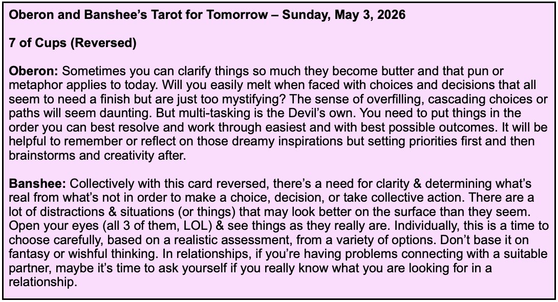 tftTarot4today's tweet image. “When people have too many choices, they make bad choices”, [Thom Browne]. Or they can’t decide at all. Don’t get lost up there in the clouds; be realistic about what you can or should do next. Here’s the Tarot for Tomorrow, Sunday, May 3, 2026. #tarot #dailytarot #TarotReading