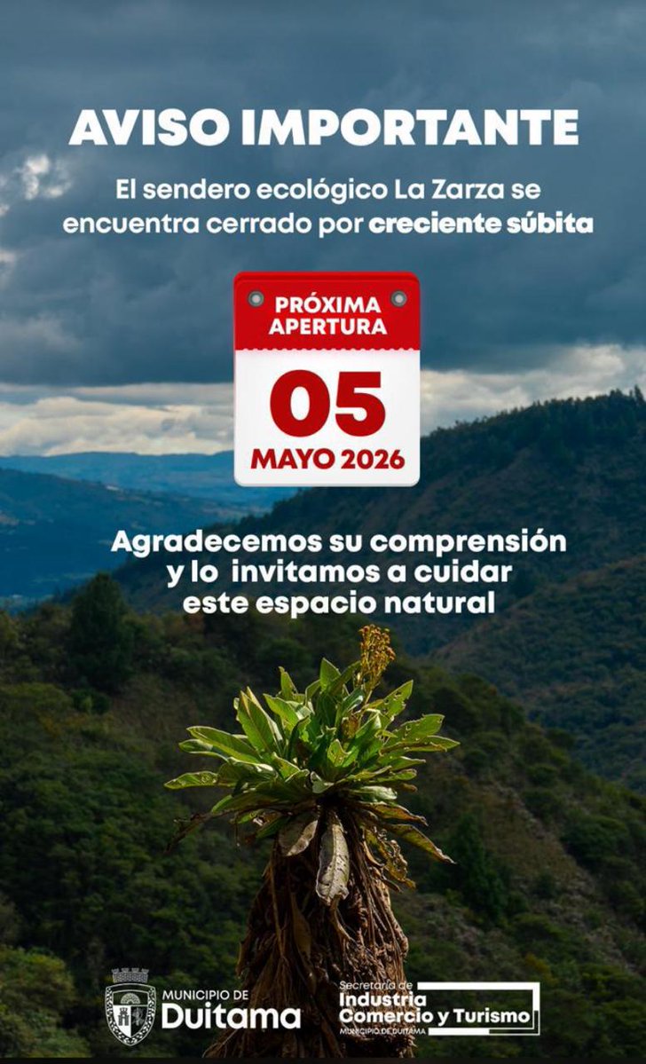 CaracolRadioTun's tweet image. #Ambiente | El sendero ecológico La Zarza, en #Duitama, permanecerá cerrado por riesgo de creciente súbita, según informó la administración municipal. La reapertura del espacio natural está prevista para el 5 de mayo de 2026. @alcaldiaduitama