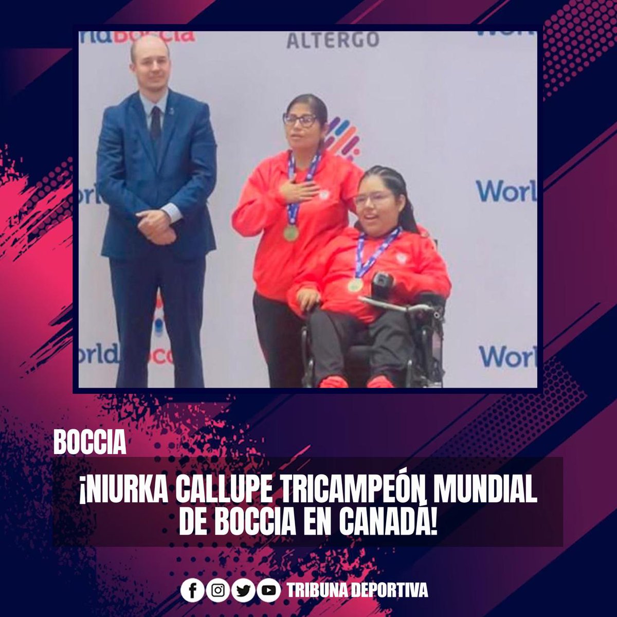¡NIURKA CALLUPE TRICAMPEONA MUNDIAL DE BOCCIA EN CANADÁ!

Nuestra paradeportista nacional, Niurka Callupe, puso el nombre del Perú en lo más alto tras consagrarse tricampeona de la Copa Mundial de Boccia en Montreal. En una final dominante, Callupe venció por un contundente 8-1 a