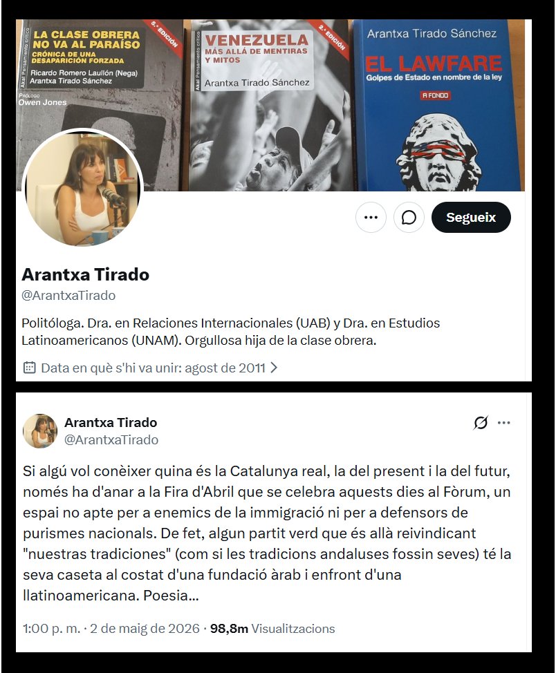 Mireiagalindo's tweet photo. Estratègia comunicativa de cagamandúrries (o com vendre fum en català)

O siga, perfil en castellà, llibres en castellà i tots els tuits en castellà. Però per lloar la Feria de Abril de Barcelona contra els "purismes nacionals"... tuit en català! https://t.co/1HwNtvFuAZ