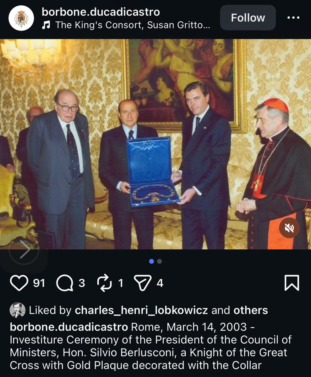 miketheking1517's tweet image. Silvio Berlusconi was invested as a Knight Grand Cross with Gold Plaque &amp;amp; Collar to the Constantinian Order of Saint George.

Prince Carlo Bourbon-Two Sicilies conferred this. Cardinal Mario Francesco Pompedda (Grand Prior) &amp;amp; officials including Ambassador Balboni Acqua attended.