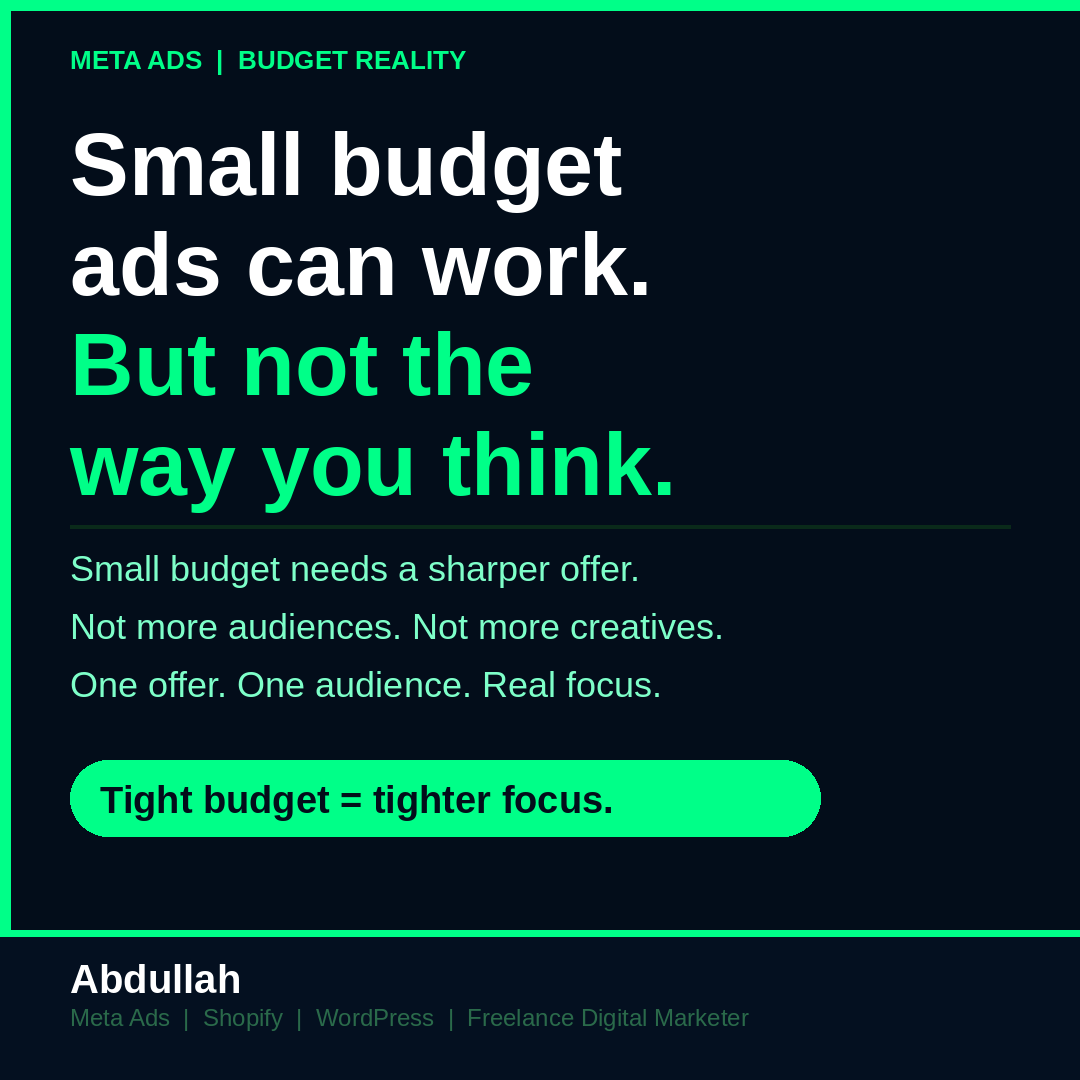 Abdulla85706082's tweet image. Small budget Meta Ads can work. But not if you run 5 audiences and 8 creatives at once. Thin data teaches you nothing.
🧵 Thread
#MetaAds #FacebookAds #PaidAdvertising #EcommerceMarketing #DigitalMarketing #AdStrategy