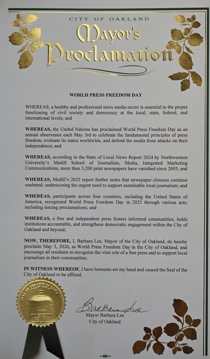 mwalkercom's tweet image. Proud of Oakland Mayor @BarbaraLee_CA for joining the grassroots global #SpotlightPressFreedom Campaign and proclaiming Sunday, May 3, 2026 #WorldPressFreedomDay. Spotlightpressfreedom.org 
#community #journalism #democracy
