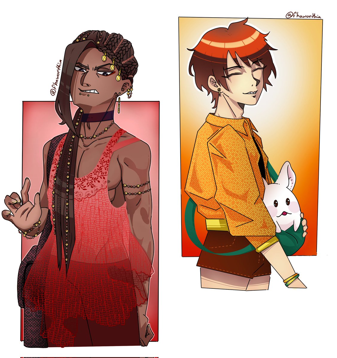 Fhaworthia's tweet photo. My brief summer break is here so I'll be designing summer outfits for characters in each color of the rainbow.

Starting with Jamil Viper #twst (red) and Haru Sagara #tkdb (orange).

I'm open to suggestions for yellow, it's the one color I'm struggling to find someone for. https://t.co/gG5wkoYhZG