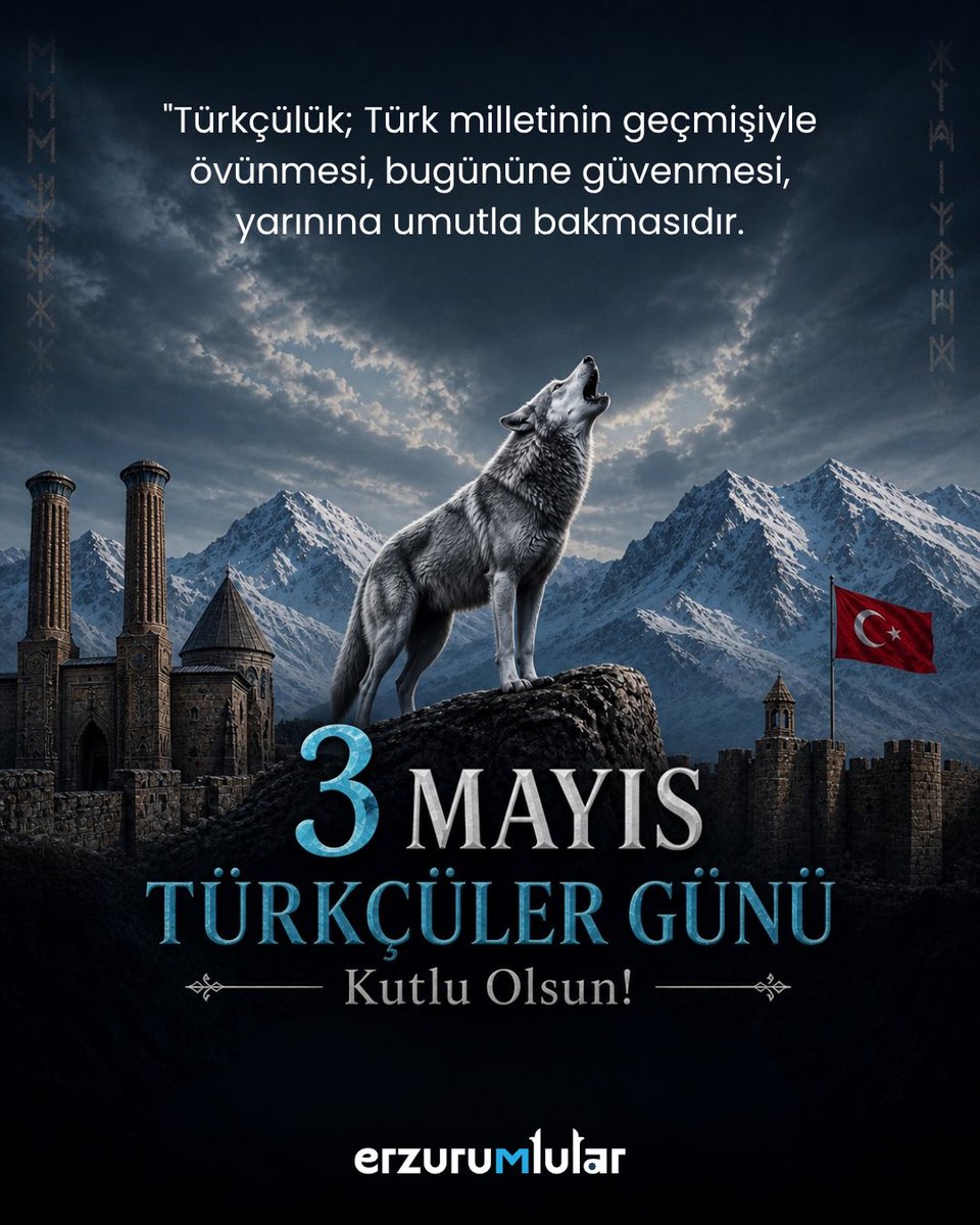 erzurumlular's tweet photo. 3 Mayıs Türkçüler Günü kutlu olsun 🇹🇷

Kökünden kopmayan, tarihine sahip çıkan, yarına inançla yürüyen bir milletin adıdır Türkçülük.

Dünüyle gurur duyan, bugünü omuzlayan ve yarını inşa eden tüm Türk milletinin 3 Mayıs Türkçüler Günü’nü kutluyoruz. https://t.co/xJqg3yPLjw