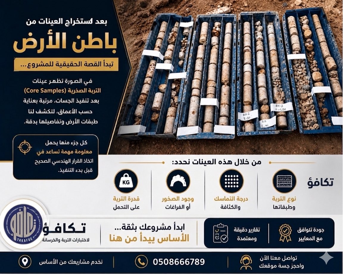 Takafolabs's tweet photo. باطن الأرض…حيث تبدأ الحقيقة 🏗️
بعد استخراج العينات من الجسات، نقرأ تفاصيل التربة بدقة لنحدد أساس مشروعك بثقة
كل عينة تحكي قصة
✔ تحديد نوع التربة وطبقاتها
✔ اكتشاف الصخور أو الفراغات
✔ تحديد قدرة التحمل
ابدأ مشروعك من الأساس الصحيح
#اختبارات_التربة #جسات #هندسة #مقاولات #بناء https://t.co/wP3WoLZbNL