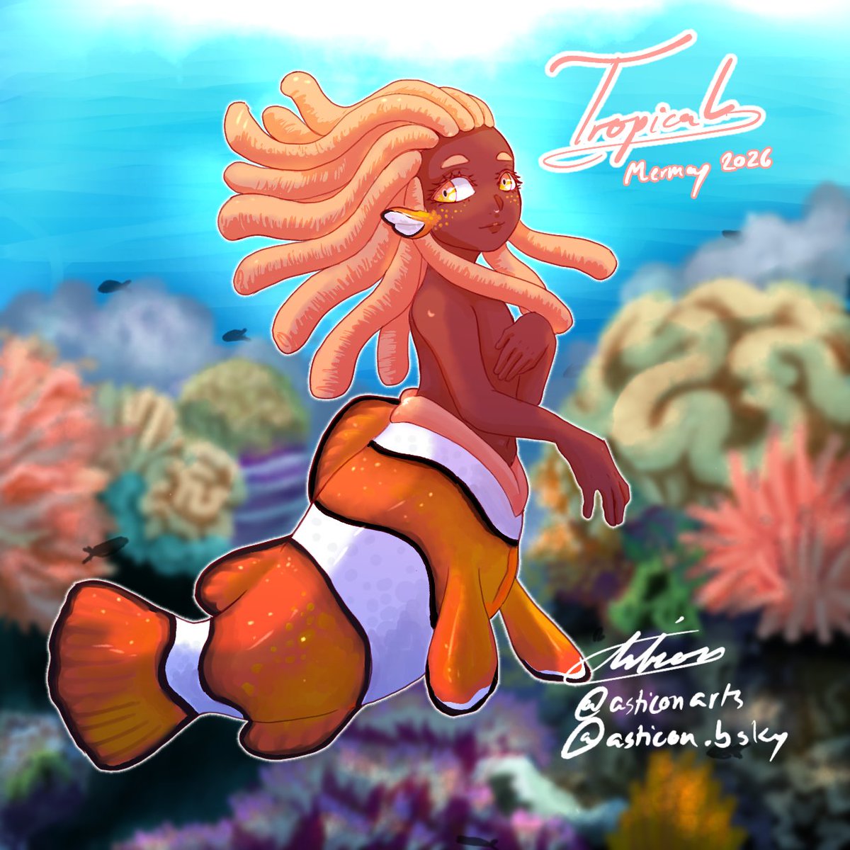 Asticonarts's tweet image. #Mermay day 2! Prompt: tropical
Got distracted with school stuff. But I think this little one is very cute ❤️

Fun clownfish fact: in a three banded clownfish group, when the dominant female dies, one of the males in the group turns into the new dominant female.
#art #mermaid