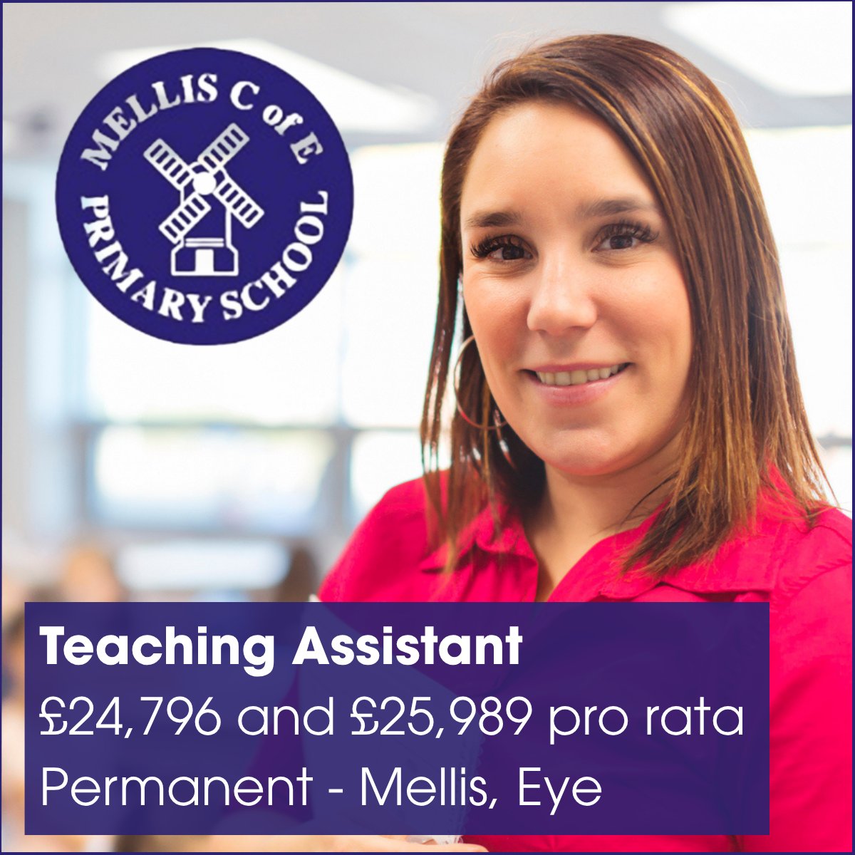 SJDirect's tweet image. Teaching Assistant
Mellis Church of England Primary School, Mellis, Eye IP23 8DP
£24,414 - £25,185 pa (pro rata)
26 hrs and 50 mins pw, Permanent

For more info and to apply for this job, visit: 
suffolkjobsdirect.org/#en/sites/CX_1…

#teachingassistants #EYFS #SuffolkJobs #suffolkjobsdirect