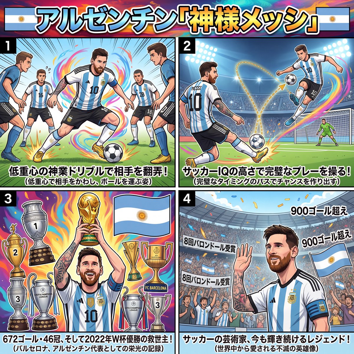 ⟡ 🇦🇷World Cup【アルゼンチン紹介】⟡
　サッカーアルゼンチン代表の神様メッシ知ってる？ 低重心の神ドリブルと圧倒的サッカーIQで天才の域に達したメッシこそ、サッカー史上最高のGOAT！※4K生成拡大OK！
　もし貴方もメッシになりたかったらプロンプトをリプ欄に貼ったからやってみて～