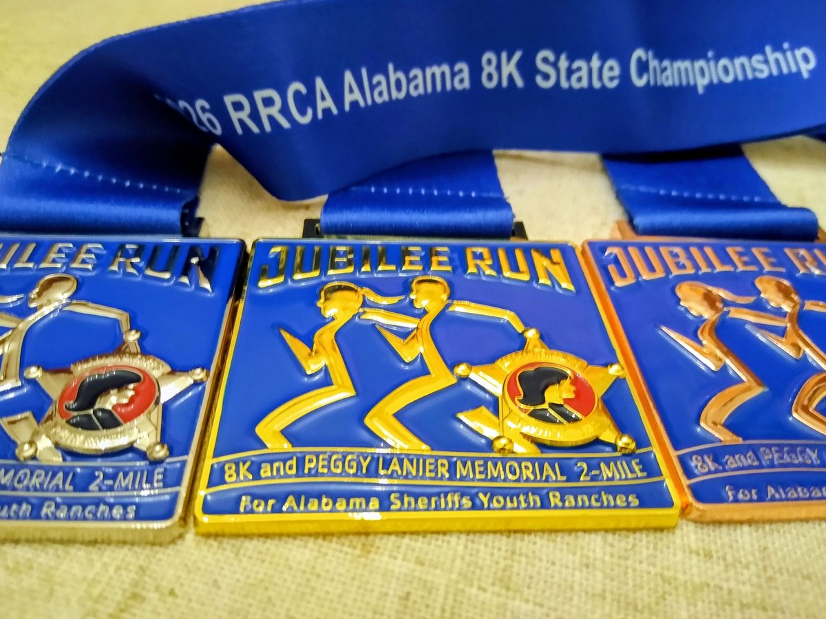 GregThomasDJ's tweet photo. Here's a look at the medals for the top finishers in various divisions at the Montgomery Jubilee Run on May 16th at Old Alabama Town. Supports Alabama Sheriffs Youth Ranches! Dave Stever from River Region Runners joined me in studio to share more, listen: https://t.co/GqW6BSrRNR https://t.co/MaiGcBJpeV