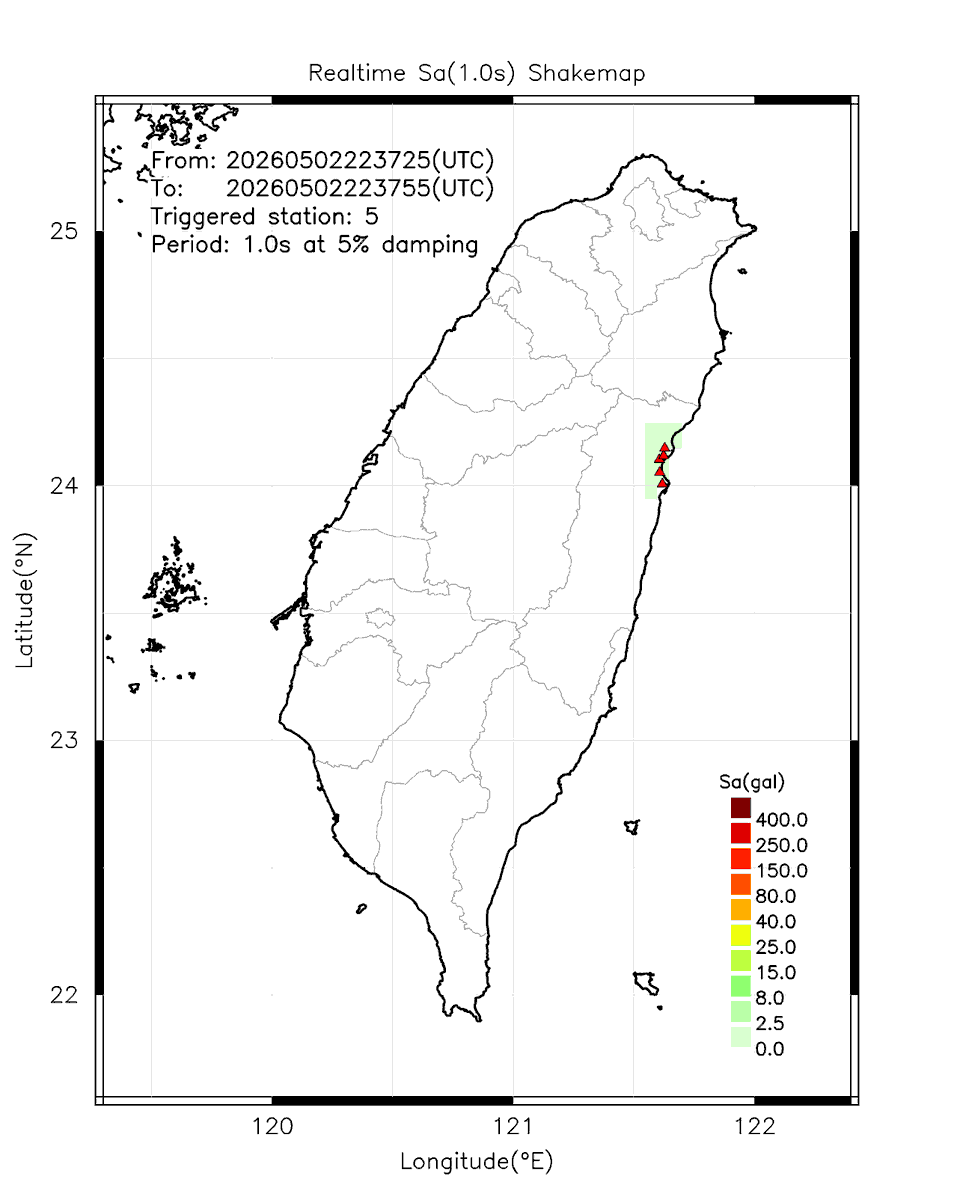 eew_p's tweet image. Automatically Plotted Shakemaps:
* 2026-05-03 06:37:55 (UTC+08:00, Taipei)
* Evt. 20260503063725, 30s after trig.
* Total 5 triggered stations

Note: These shakemaps are not yet confirmed, for reference only!
#地震 #台灣 #earthquake #Taiwan
