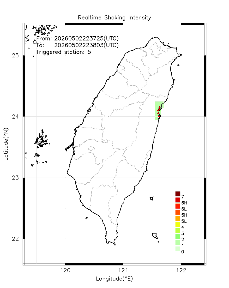 eew_p's tweet image. Automatically Plotted Shakemaps:
* 2026-05-03 06:38:03 (UTC+08:00, Taipei)
* Evt. 20260503063725, Final Report.
* Total 5 triggered stations

Note: These shakemaps are not yet confirmed, for reference only!
#地震 #台灣 #earthquake #Taiwan