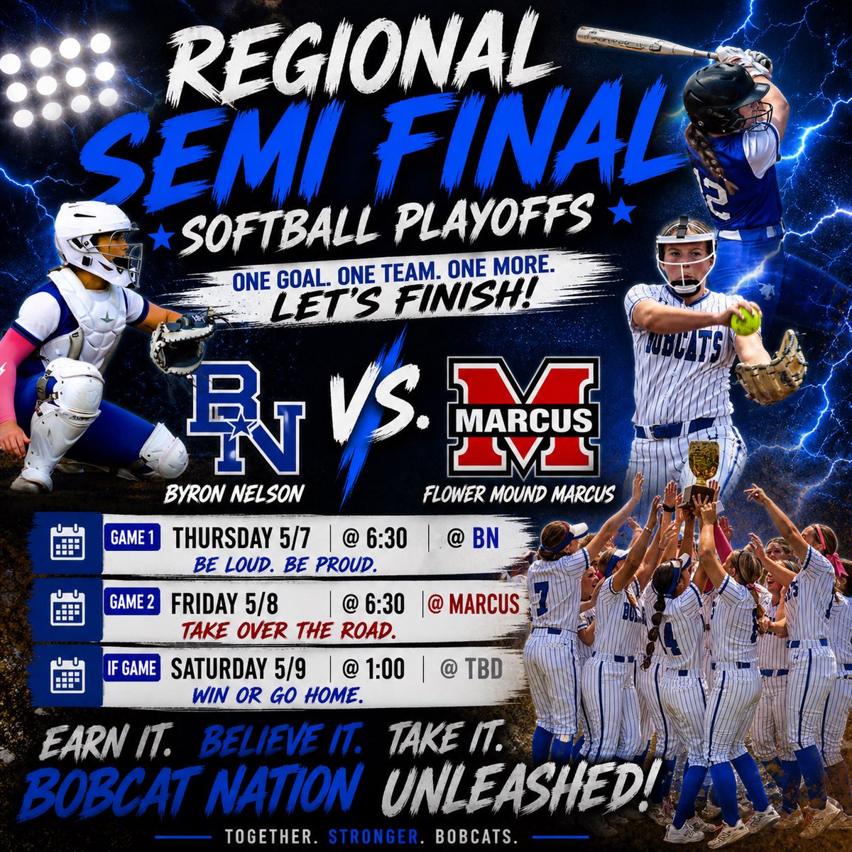 BN_BobcatsSB's tweet photo. ⚔️ Byron Nelson vs. Flower Mound Marcus ⚔️

📅 Game 1: Thursday 5/7
⏰ 6:30 PM
📍 @ BN — BE LOUD. BE PROUD.

📅 Game 2: Friday 5/8
⏰ 6:30 PM
📍 @ Marcus — TAKE OVER THE ROAD

📅 Game 3 (if needed): Saturday 5/9
⏰ 1:00 PM
📍 TBD https://t.co/xFqQwgMe0c