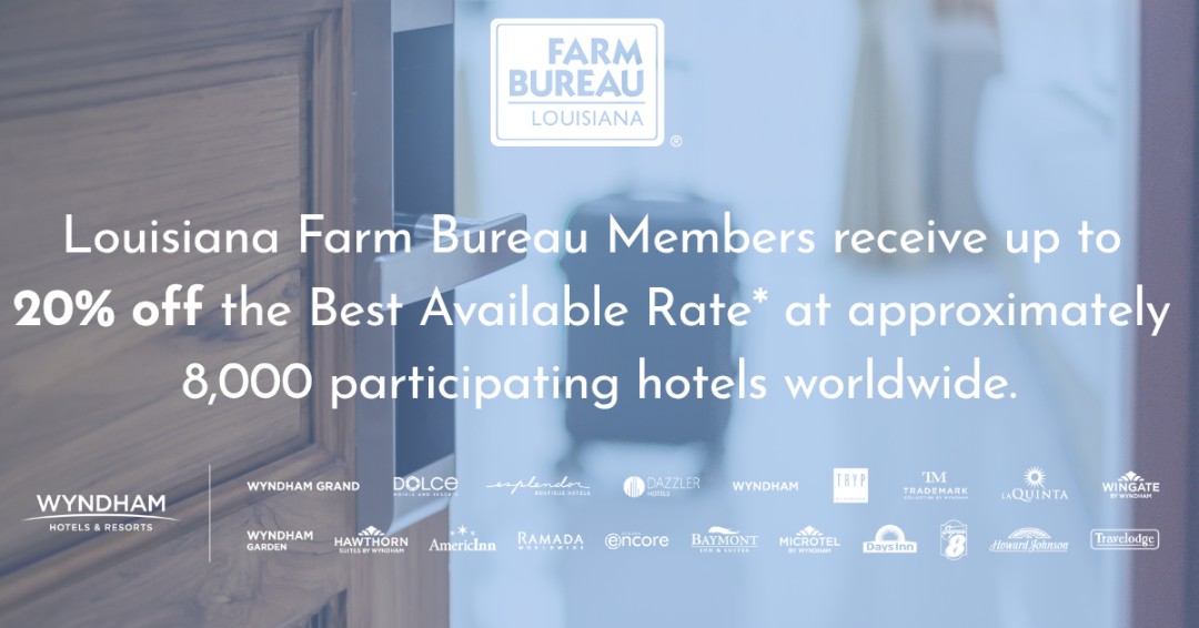 LaFarmBureau's tweet photo. Hard work deserves a break. 🛏️ 

When it’s time to step away and recharge, don’t forget Farm Bureau members can enjoy exclusive savings at Wyndham Hotels &amp; Resorts locations worldwide. 

Learn more at https://t.co/pJIqKPnfVE. https://t.co/6uEE6yumDT