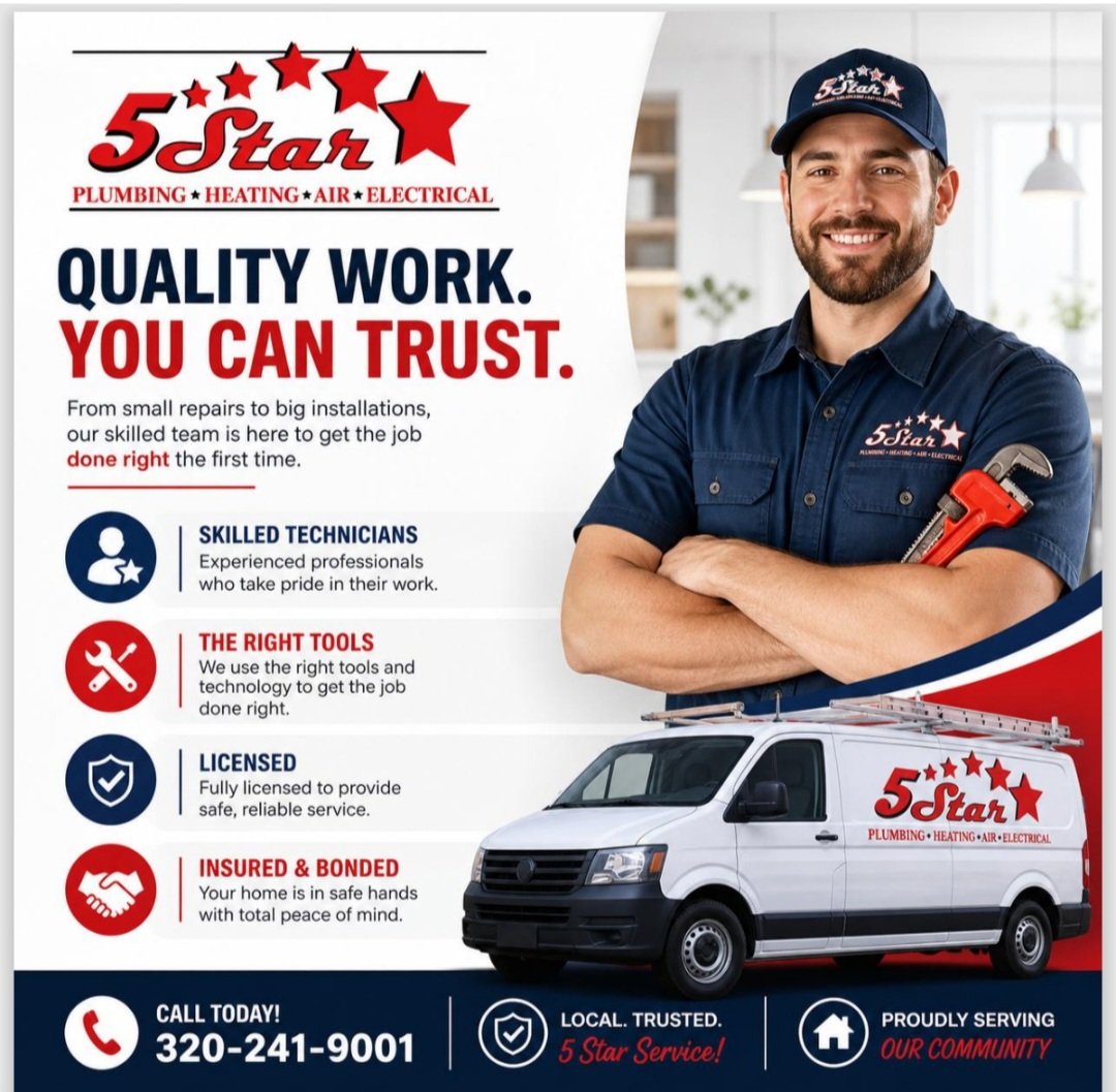 5StarServicesMN's tweet image. Let the experts take the guesswork out of your Plumbing, HVAC, and Electrical repairs and maintenance #HVAC #Plumbing #Electrical