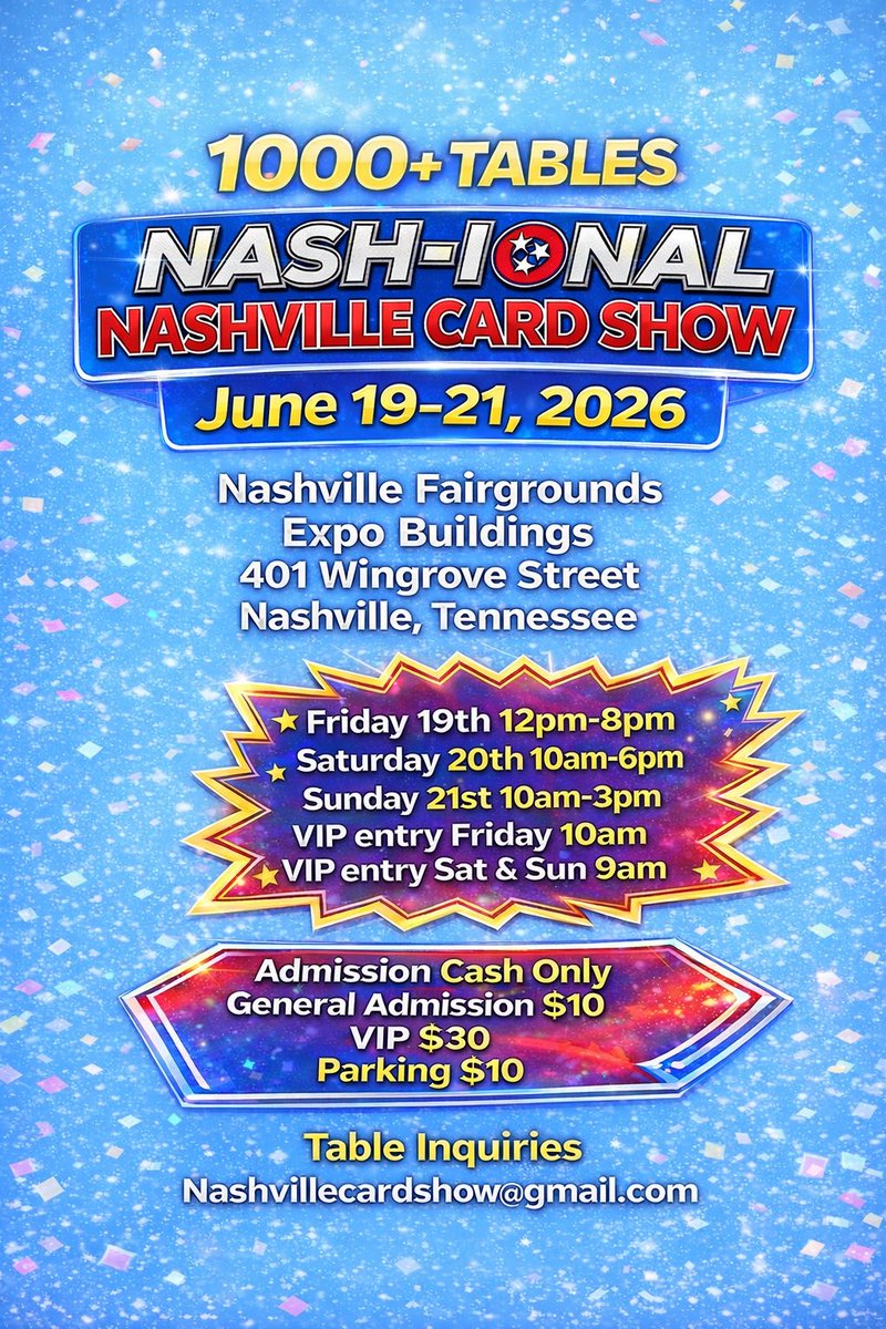 nashcardshow's tweet image. Only a limited number of tables remain for the Nash-ional next month all located in Expo 3. Don’t wait too long or you’ll miss your chance. Email us at nashvillecardshow@gmail.com #Nashville #Tennessee #SportsCards #Collectibles #Memorabilia #Collect #TheHobby #Pokémon #TCG