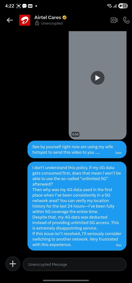 MrSamee90090858's tweet image. Recharged with Airtel Unlimited 5G, but my 4G data got consumed instead 🤦‍♂️
Even in a full 5G area, network fluctuation pushed usage to 4G—and once 4G data is खत्म, 5G “unlimited” also stops! @airtelindia
What kind of “unlimited” is this? Really disappointing service. #Airtel #5G