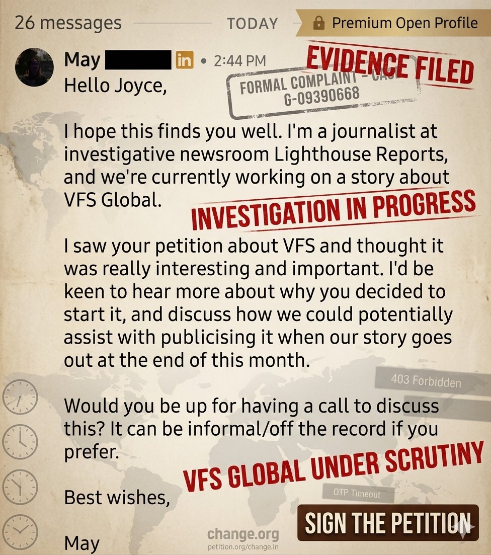 Joycetina2000's tweet photo. Incredible news! A journalist from Lighthouse Reports saw this petition and they want to add it to an article they are doing VFS Global. 

We're not alone and we wont stand for constant failures;  high visa costs. Keep signing and sharing the petition:
https://t.co/AyP6Mai4vh https://t.co/QaytPSxe02