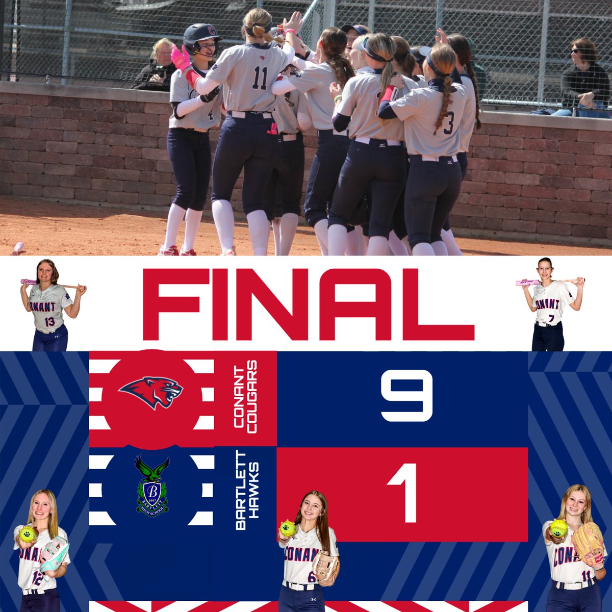 ConantSoftball's tweet photo. Cougars get the W behind a team effort on the mound 💪13 K’s in the circle: Long (3 IP, 7 K), Ardnt (2 IP, 1 K), Ackman (2 IP, 5 K)
Gomez &amp; Ackman – 2 H, 3 RBI
Kovaka – 2 H, 2 RBI
Leopoldo &amp; Bartholomew – 2 H each
Great day to be a Cougar! 🐾 https://t.co/ANeLX5tWxY
