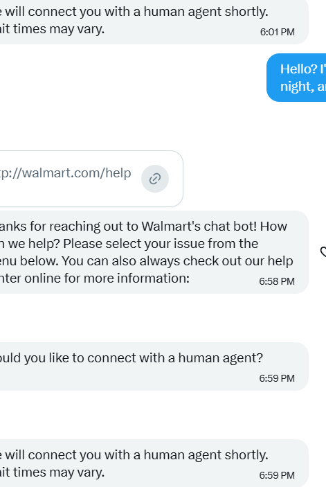 brownc424's tweet photo. @walmarthelp What's going on with your support? I've requested an agent multiple times.  Over and over again. https://t.co/Myxwyv9n6x