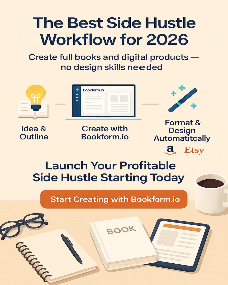 Bookformio's tweet image. The Best Side Hustle Workflow for 2026 #SideHustle #AmazonKDP #EtsySeller #AIForCreators #BookBusiness