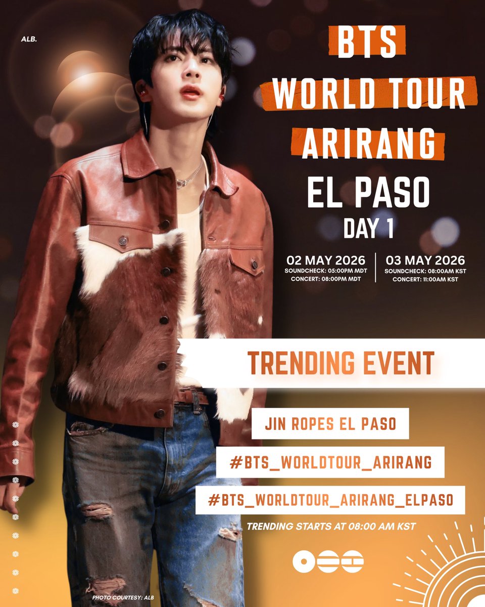 BTS now begins their 2 night run in El Paso, Texas 🇺🇸 

Let’s support Seokjin tonight 🏷️ 

Reply 1x

JIN ROPES EL PASO
#BTS_WORLDTOUR_ARIRANG
#BTS_WORLDTOUR_ARIRANG_ELPASO