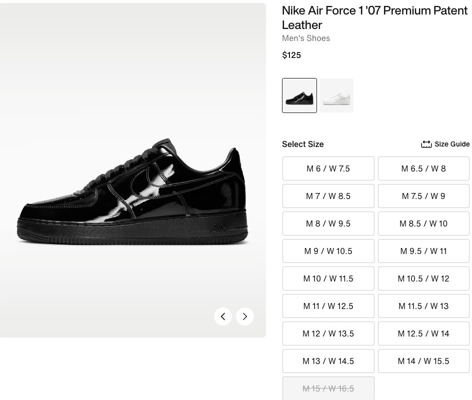 Ad: Nike Air Force 1 '07 Premium Patent Leather 'Black' restocked on Nike US => tinyurl.com/ydwm6eym

Also available here
Champs:tinyurl.com/nhcrf27r
Foot Locker:tinyurl.com/3t9r6t5z