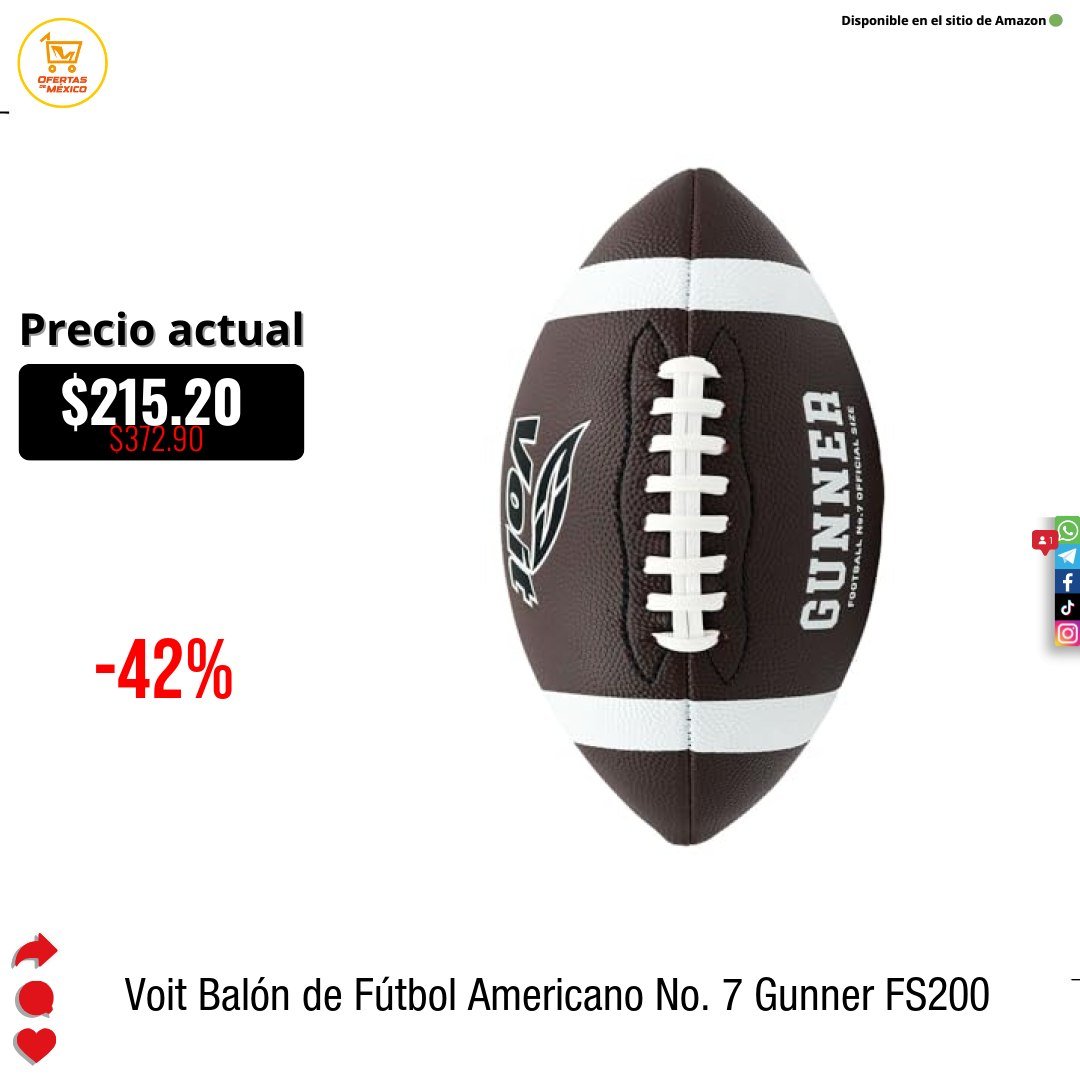 ofertasdemx's tweet image. 🔥(-42%) Voit Balón de Fútbol Americano No. 7 Gunner FS200

👉🏽 Ver: amz.tf/ccUkPdS

✅ Precio Ahora: $215.20 ❌ Precio de lista: $372.90

#amazon #ofertasdemexico