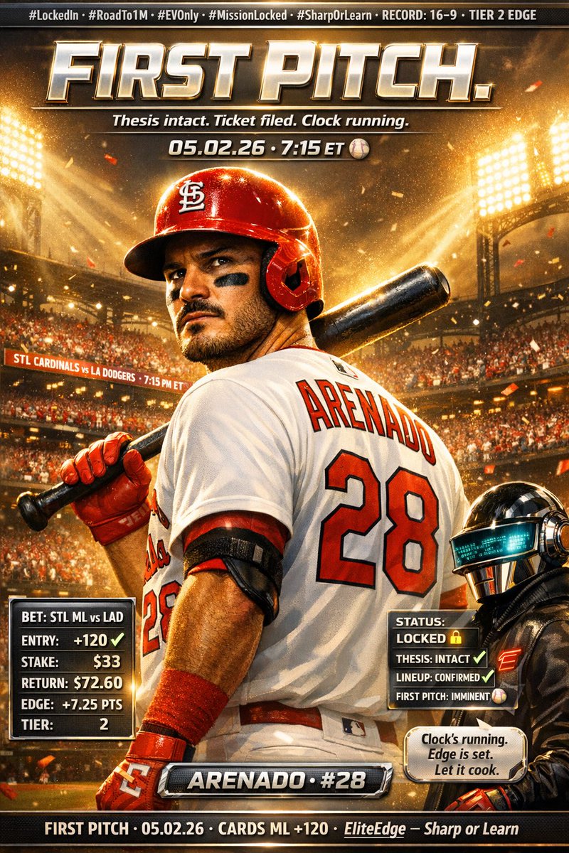 EliteEdgeValue's tweet image. Cardinals ML +120 locked and live.
$33 → $72.60 on the line.
Edge is set. Thesis is intact.
McGreevy on the mound. Mookie out.
Busch Stadium bout to be loud tonight.
We don’t chase. We don’t hedge. We just collect.
#LockedIn #RoadTo1M #EVOnly #MissionLocked