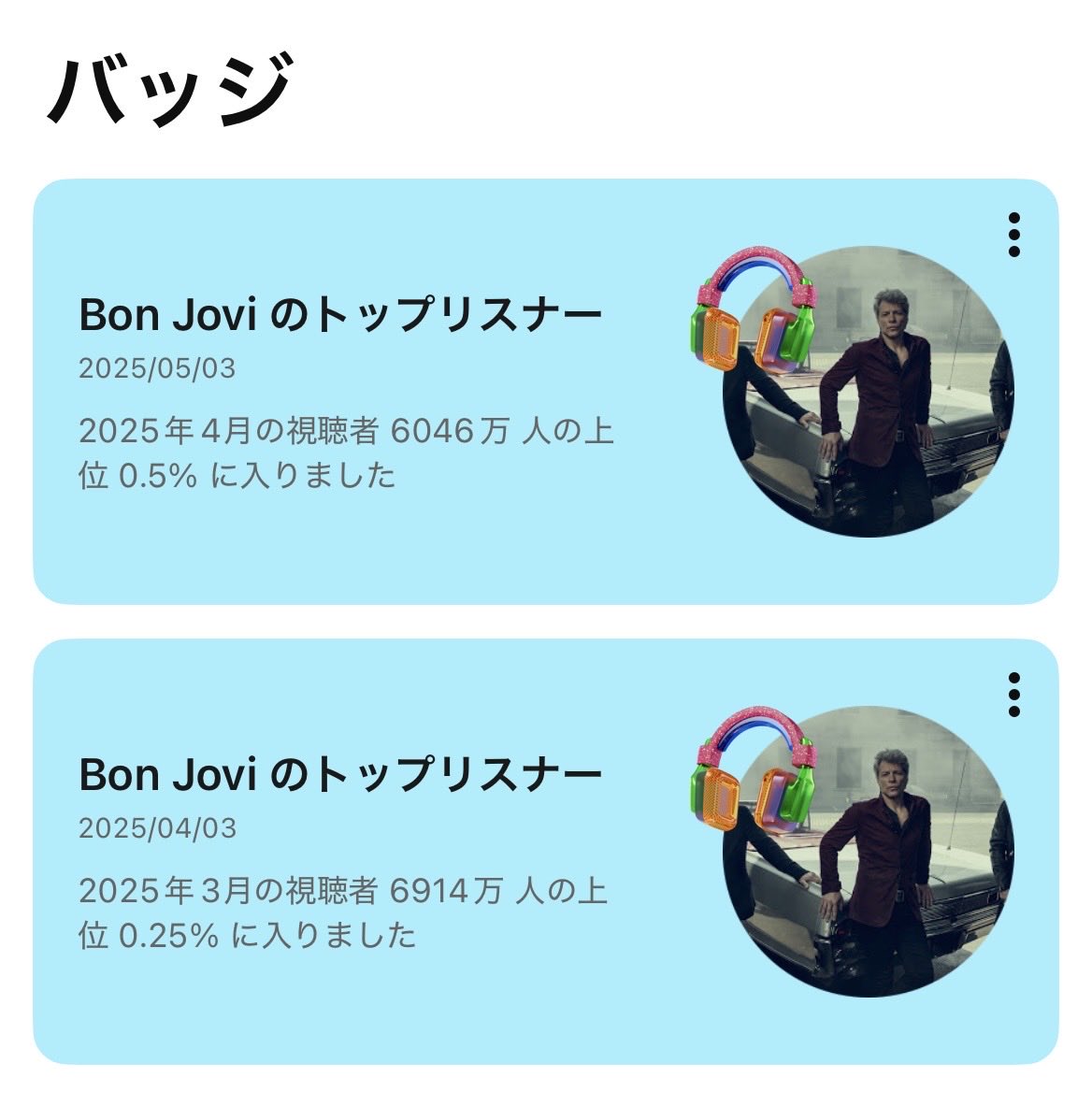 hikozard's tweet image. YouTubeを触っていたら初めて見る画面がっ！
「バッジ」って何だ？
去年の３月と４月に「Bon Jovi」のトップリスナーになってました（笑）
世界で上位0.25%に入ったんだって。
喜んでいいのか？

#Bon Jovi   #ボン・ジョビ   #YouTube
#バッジ

hikozard.com