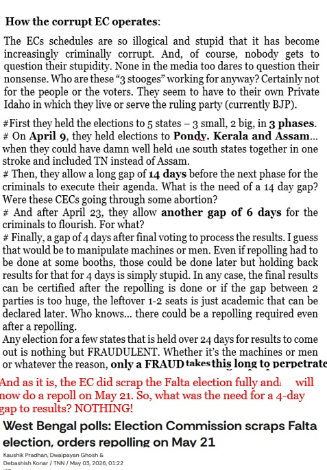The EC's schedules are full of holes &amp; the gaps between elections in states &amp; long gaps between 2 phases within a state.. ALL SMACK OF CORRUPTION to favour one party.. And then, hold the results for 4 days for no reason.. All these actions &amp; misdeeds should be viewed as SUSPECT!