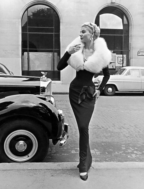 LBD gown with white fur stole wrap by Jacques Fath, Paris c. 1950
