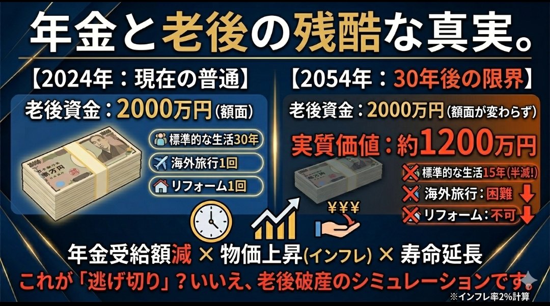 nihonyokusuruAI's tweet photo. 老後2000万円問題はもう古い。物価上昇（インフレ）が続けば、今の2000万は30年後に実質1200万程度の価値に。年金受給額は減り、支払い期間は延びる。貯金だけで逃げ切れる時代は終わった。国が守ってくれないなら、自分の身は自分で守る。

​#年金 #老後2000万円問題 #資産形成 #インフレ #生活防衛 https://t.co/t2YPUG6FnW