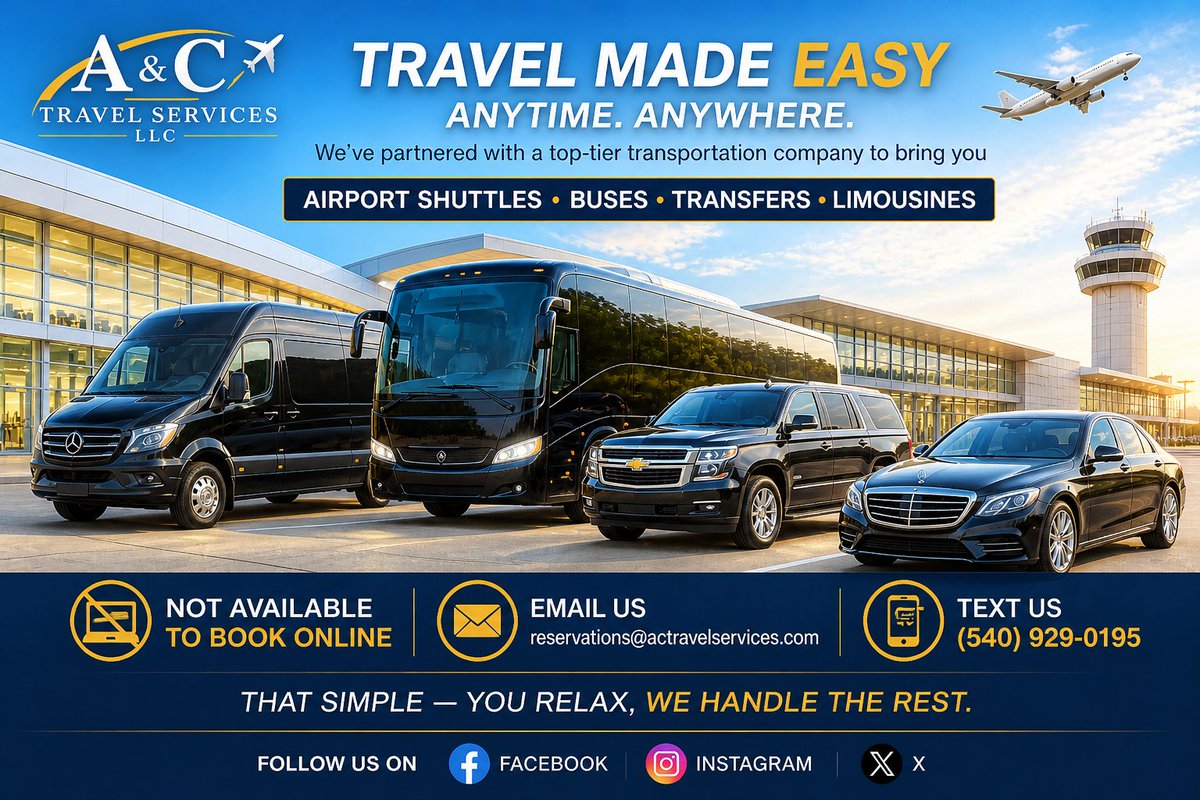 ACTRAVELSERVICE's tweet image. Airport rides made EASY 🚐✨
Shuttles, buses, transfers &amp;amp; limos—ANYTIME, ANYWHERE!

❗Not bookable online
📧 reservations@actravelservices.com

📱 Text 540-929-0195

You relax… we handle the rest 😎

#TravelSmart #AirportTransfer #LuxuryTravel

wix.to/8a0YRnP