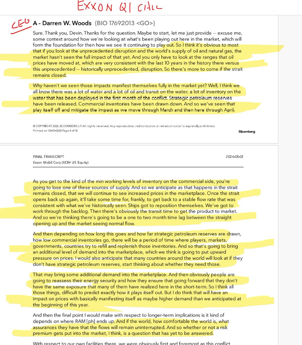 Energy_Tidbits's tweet photo. "If you look at the unprecedented disruption and the world's supply of #Oil and #NatGas, the market hasn't seen the full impact of that yet.." Exxon CEO Woods.

Worth reading 👇Woods stepping thru "Why haven't seen those impacts manifest themselves fully in the market yet"

Thx @business transcript
#oott