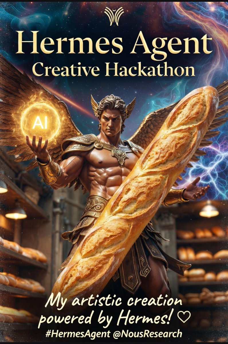 yxd200327's tweet image. Just joined the Hermes Agent Creative Hackathon with this epic creation! 🥖✨

Powered entirely by @NousResearch Hermes Agent — the gift that keeps on giving!

Who's joining? Let's get creative! 

#HermesAgent #Hackathon
