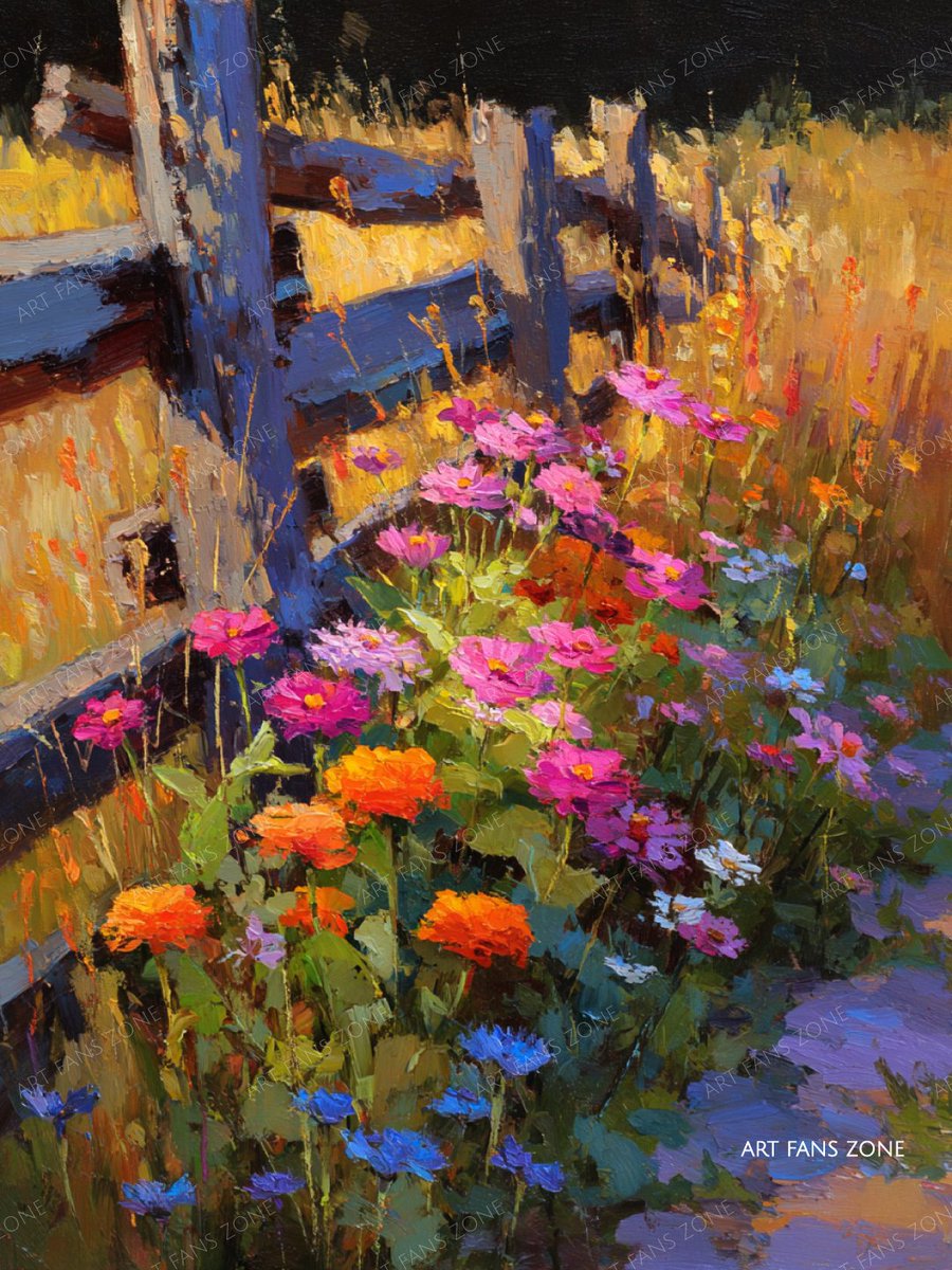 artfanszone's tweet photo. Pink cosmos and sapphire wildflowers weave through the weathered wooden fence in a luminous riot of summer, their silken petals trembling as golden light pours like molten honey across the wild meadow. 🌺🌅 https://t.co/b3yke0Vngb