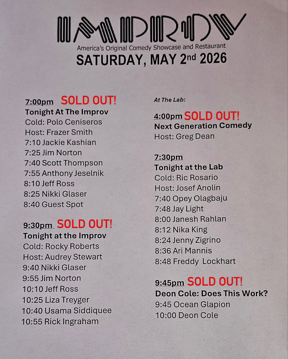 HollywoodImprov's tweet image. Set times tonight! Almost all Sold Out. Get the last few tickets for the 7:30 Lab show at hollywoodimprov.com or arrive early and buy at the door! #hollywoodimprov #comedy