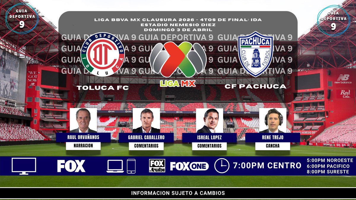 GuiaDeportiva9's tweet image. LIGA BBVA MX | @TolucaFC 🆚 @Tuzos

🇲🇽 📺 @somos_FOX 
🇲🇽 📱💻 @tubi_mx / #FOXOne 

🎙 @RaulOrvananos  
🎙️ @eterno8 
🎙️ @itoshiro5 
🎙️ @renetrejo19  
 
#Clausura2026 #FOX