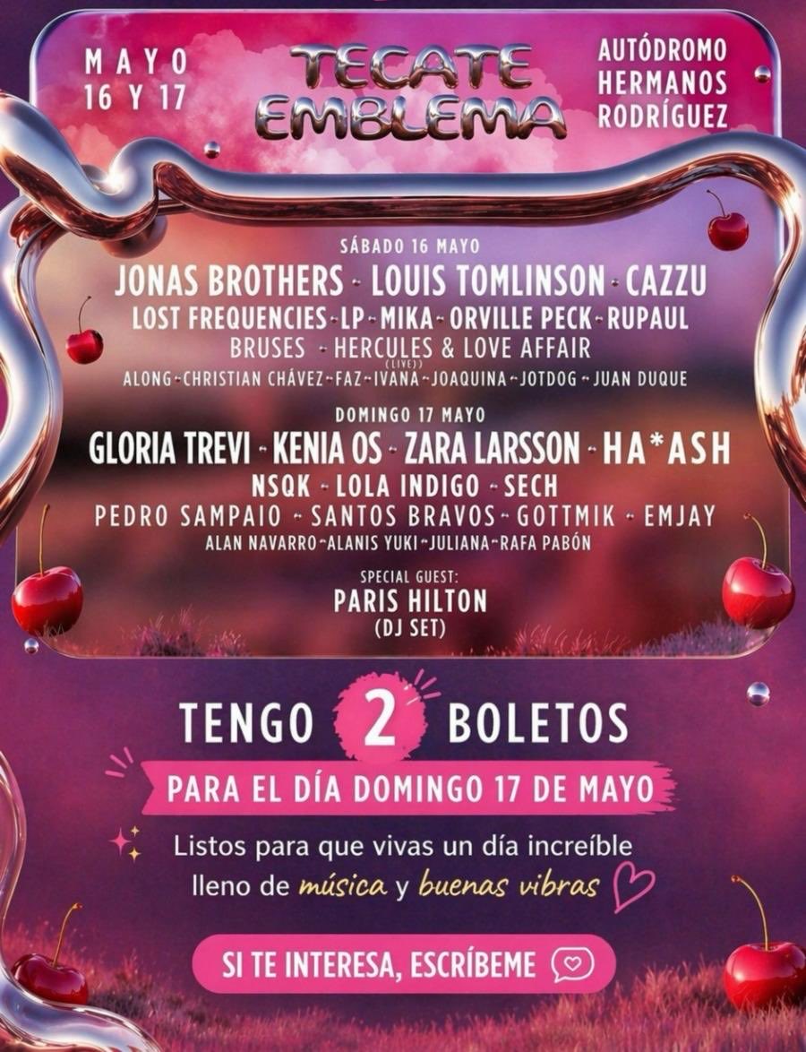 alex_angel17's tweet image. Hola, estoy vendiendo mis dos boletos del Tecate Emblema para el día domingo 17 de mayo, por si a alguien le interesa, se los dejo a mitad de precio. 
Compré el pase general, pero sólo voy a ir el sábado. 

#TecateEmblema #KeniaOs #ZaraLarsson #SantosBravos