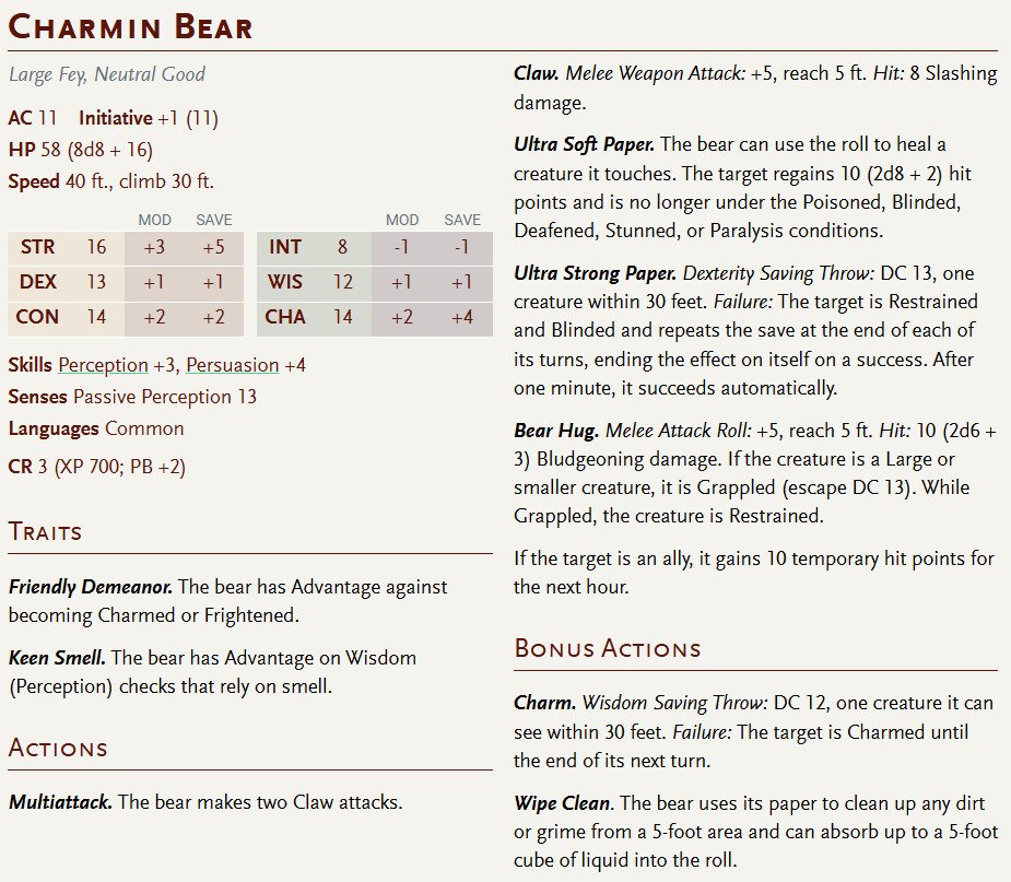 GreyAres0's tweet photo. #DnD #5e stat block of a Charmin Bear https://t.co/CdIWeqA2Yl