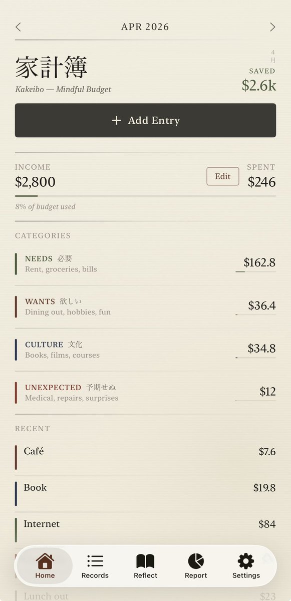TORANKIRITE_APP's tweet photo. Kakeibo (家計簿).

A 120-year-old Japanese budgeting method.

Before buying anything, ask:
・Need it?
・Afford it?
・Use it?
・Room for it?

Most things fail at least one.

I built an app. Link in bio.

#Kakeibo #buildinpublic https://t.co/KxfwMNatue