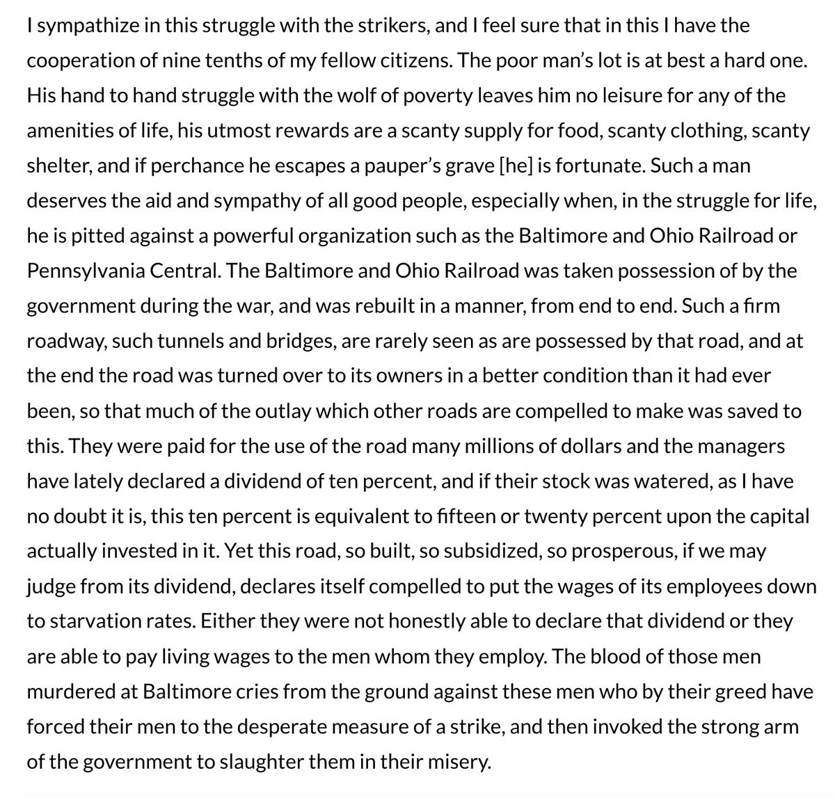 sean_keith's tweet photo. @sandeepvaheesan This is a great related quote by Peter H. Clark, a famous black abolitionist and socialist, condemning the railroad companies for reducing wages to maintain dividend payments which in turn led to the Great Railroad Strike of 1877. https://t.co/BWgY3UFcno