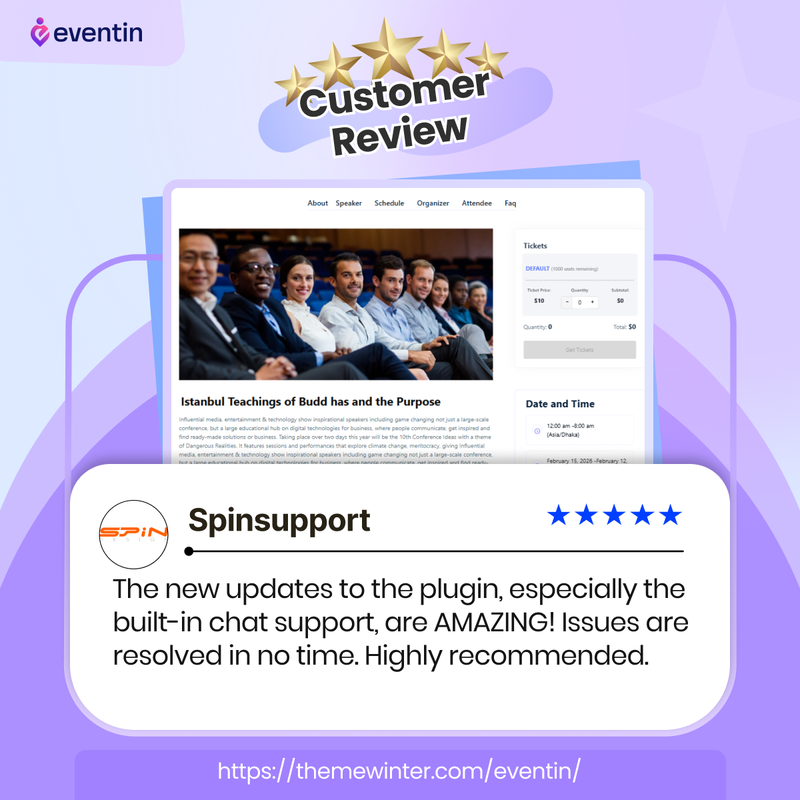 Themewinter's tweet image. Fast support isn’t a feature—it’s a promise. ⚡

This is exactly what we aim for: fast solutions, smooth experience, and support when you need it.

See the recent tesmonials Experience the difference with Eventin.

#Eventin #WordPress #CustomerSupport #ThemeWinter