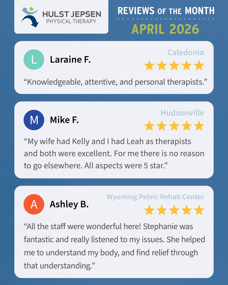 HulstJepsenPT's tweet image. Highlighting some of our favorite April Google reviews 🥰 We’re so appreciative of our incredible patients and grateful to play a role in your wellness journey! 💙

#physicaltherapy #reviews #testimonials #westmichigan